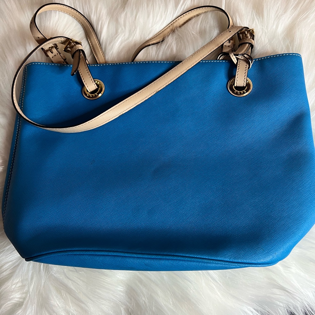 Michael Kors Bright Blue Tote With Cream Straps